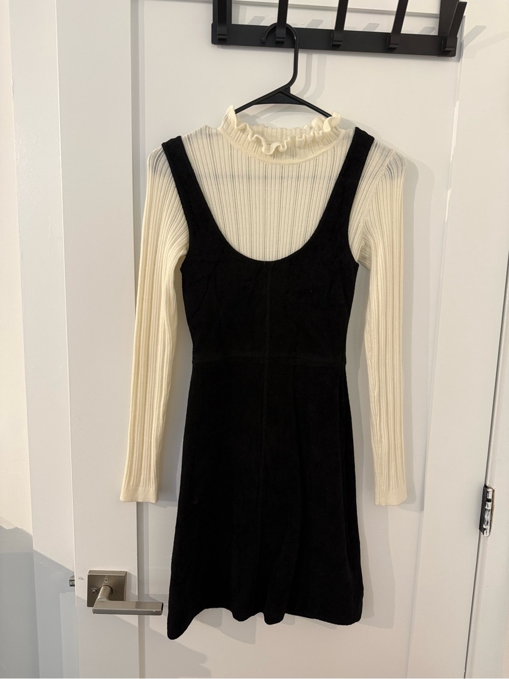 Sandro Black Pinafore Mini Dress with Cream Ruffle-Neck Top